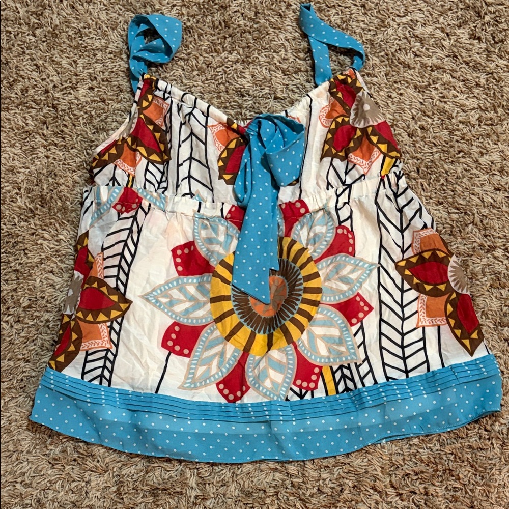 Trulli Turquoise Polka-Dot Tie-Strap Floral Tank size L